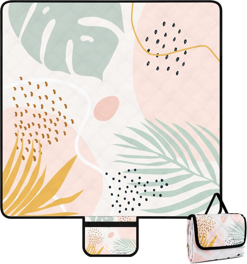 BEW Picnic Blankets,79''x79'' Extra Large Sandproof Waterproof Beach Blanket,Foldable Portable 3-Layer Polyester Outdoor Picnic Blanket for Grass Lawn,Beach,Family Camping,Park,Travel-Tropical Leaves - Image 1